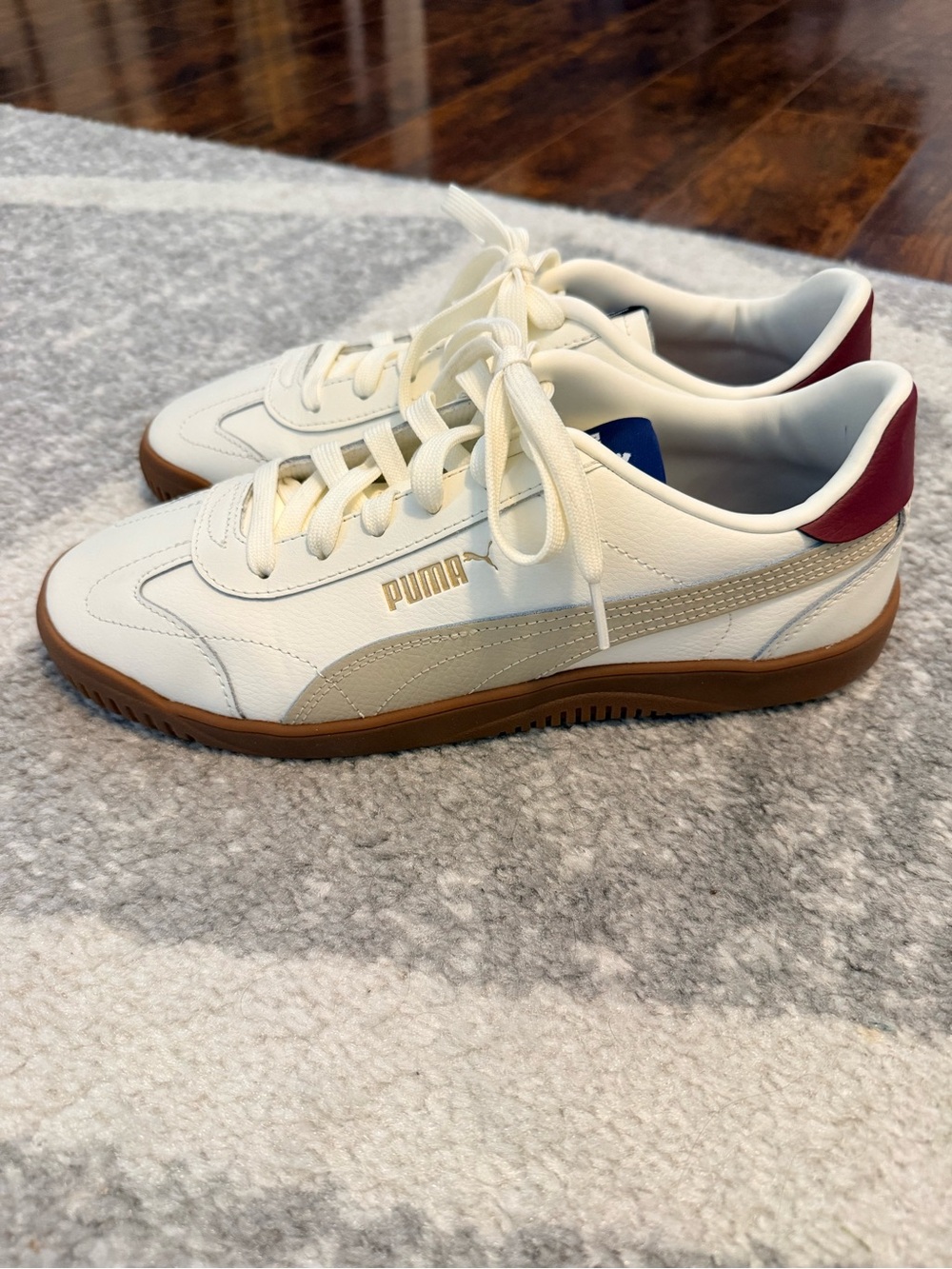 Puma White Sneakers with Tan Stripe, burgundy accents and Brown Gum Sole